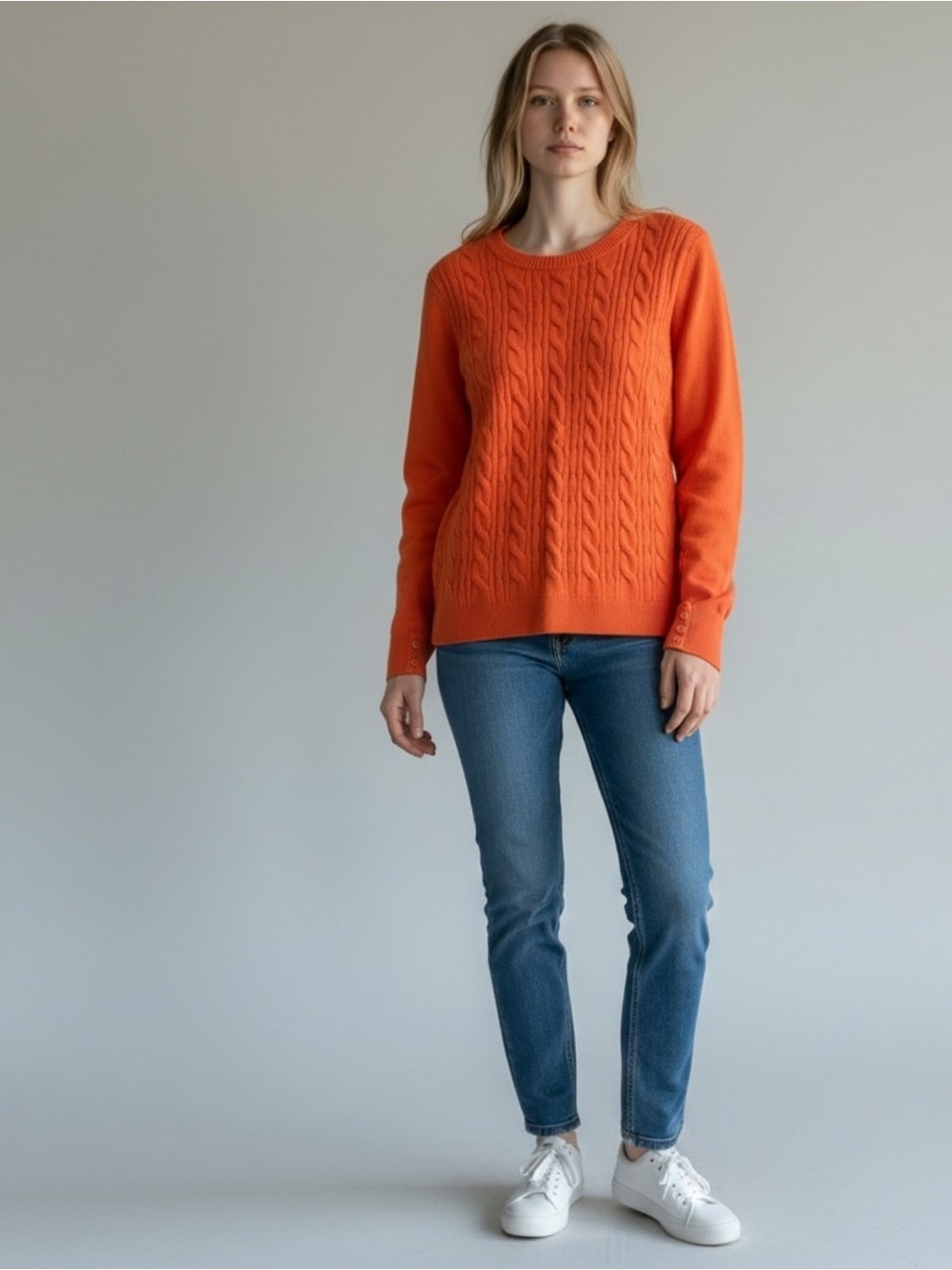 Talbots Bright Orange Cable-Front Crewneck Sweater